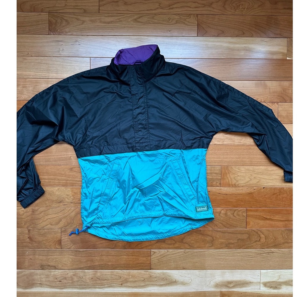 Vintage LL Bean Upcycled Classic Windbreaker Anorak Jacket‎ Black Teal Unisex S